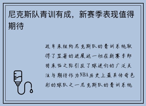 尼克斯队青训有成，新赛季表现值得期待
