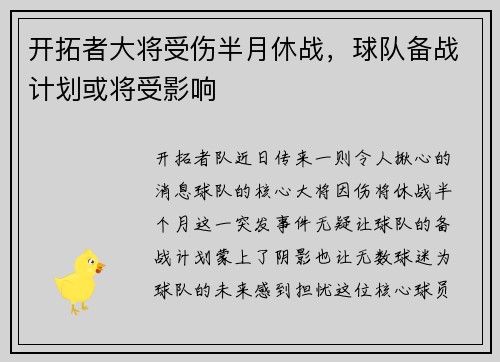 开拓者大将受伤半月休战，球队备战计划或将受影响