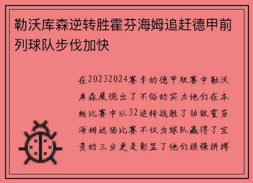 勒沃库森逆转胜霍芬海姆追赶德甲前列球队步伐加快