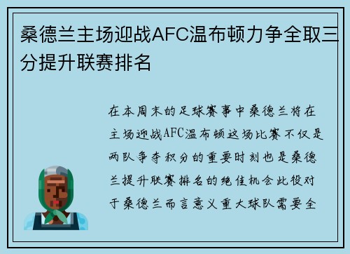 桑德兰主场迎战AFC温布顿力争全取三分提升联赛排名