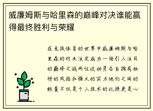 威廉姆斯与哈里森的巅峰对决谁能赢得最终胜利与荣耀