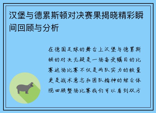 汉堡与德累斯顿对决赛果揭晓精彩瞬间回顾与分析