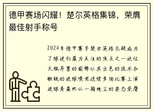 德甲赛场闪耀！楚尔英格集锦，荣膺最佳射手称号