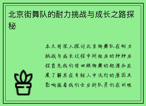 北京街舞队的耐力挑战与成长之路探秘